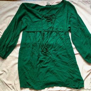 Venus Dark Green Embellished V-Neck Waist Tie Top